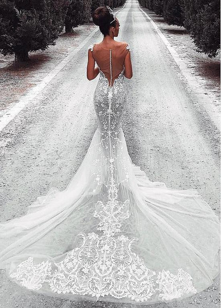 Shop Sexy Tulle Sweetheart Lace Appliques See-through Mermaid Wedding Dress under 200