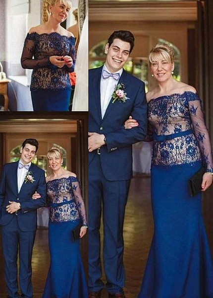 Shop 2020 Blue Lace Off The Shoulder Sheath/Column Mother Dresses With Belt Under 200