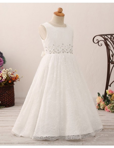 Vintage Juniors Beading Long Lace Flower Girl Dress