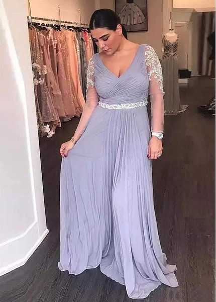 Shop Cheap Lavender Chiffon V-Neck Long Sleeves A-line Mother Dresses With Beadings under 200