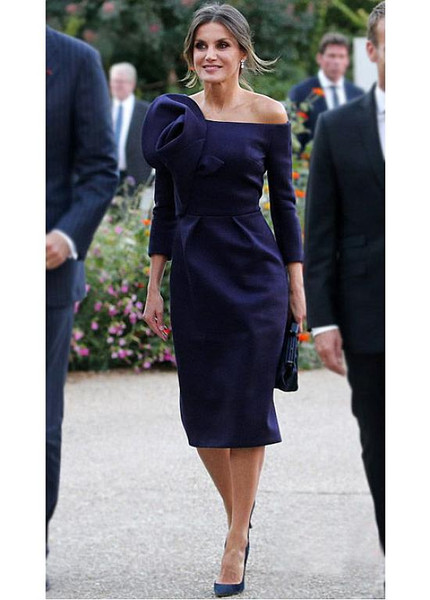 Shop Long Sleeves Navy Blue Flower Satin Off-the-shoulder Sheath/Column Mother Of The Bride Dress under 100