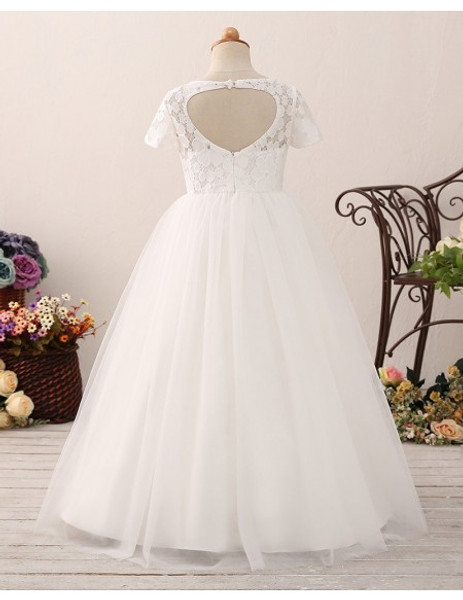 Short Sleeves Tulle Lace Ball Gown Flower Girl Dress