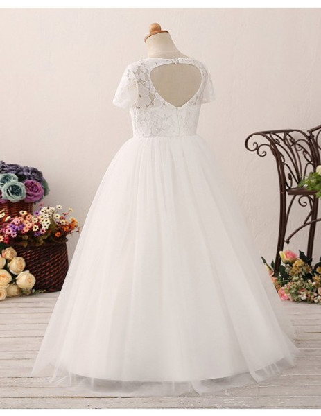 Short Sleeves Tulle Lace Ball Gown Flower Girl Dress