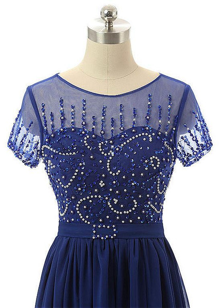 Shop Luxury Sparkle Chiffon Jewel Beading Blue Short Sleeves A-line Mother Of The Bride Dress under 200