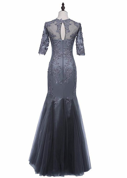 Shop Cheap Long Tulle Jewel Beading Long Sleeves Silver Mermaid Mother Of The Bride Dress