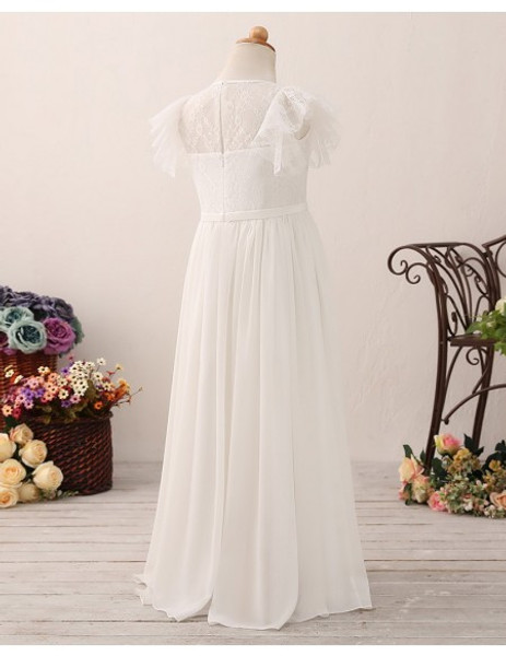 Lace Top A Line Long Chiffon Flower Girl Dress
