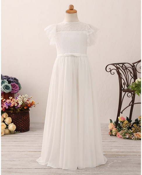 Lace Top A Line Long Chiffon Flower Girl Dress
