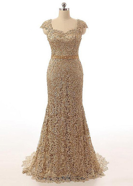 Shop Backless Gold Lace Beading Sweetheart Mermaid Mother Of The Bride Dress with belt