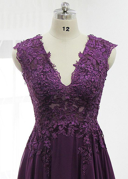 Shop Dark Purple Chiffon V-neck Purple A-line Mother Of The Bride Dresses With Lace Appliques