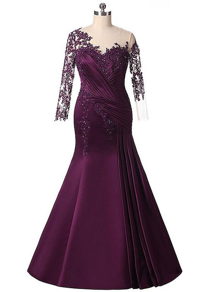 Shop Long Sleeves Satin Jewel Purple Mermaid Mother Of The Bride Dresses With Lace Appliques & Beadings