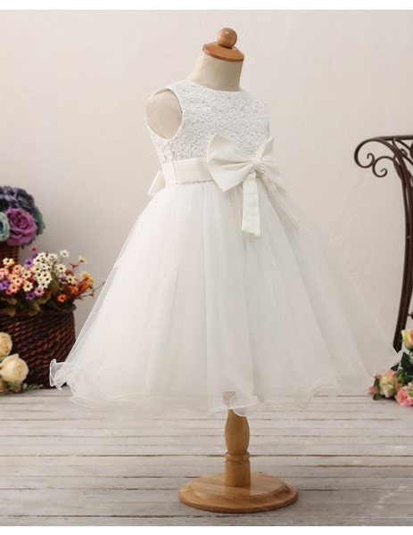Bow Sash  Lace Short Tulle Flower Girl Dress