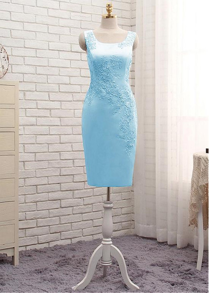  Lace Appliques Satin Jewel Blue Sheath/Column Mother Of The Bride Dress