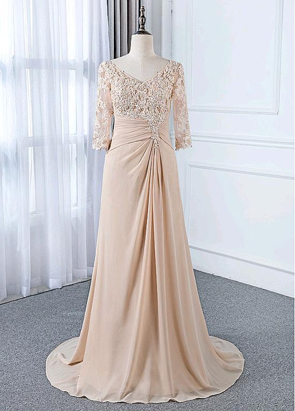 Chiffon V-neck Champagne Sheath/Column Mother Of The Bride Dress With Beaded Lace Appliques