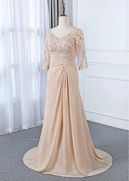 Chiffon V-neck Champagne Sheath/Column Mother Of The Bride Dress With Beaded Lace Appliques