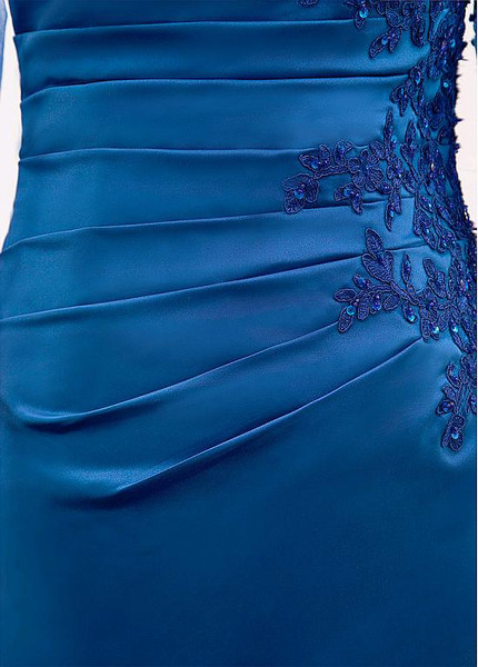 Satin Asymmetrical Blue Sheath Mother Of The Bride Dress With Beaded Lace Appliques
