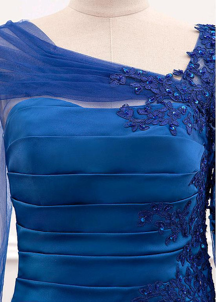 Satin Asymmetrical Blue Sheath Mother Of The Bride Dress With Beaded Lace Appliques