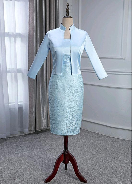 Satin Square Blue Knee-length Sheath/Column Mother Of The Bride Dress With Detachable Coat