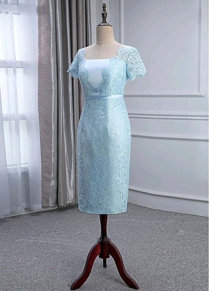 Satin Square Blue Knee-length Sheath/Column Mother Of The Bride Dress With Detachable Coat