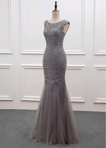 Shop Elegant Tulle Scoop Gray Mermaid Mother Of The Bride Dress With Beadings under 200
