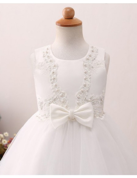 Short Beaded Lace Ivory Flower Girl Dress For Little Girls
