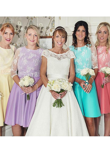 Shop Cheap Lace & Satin Jewel Half Sleeves A-line Bridesmaid Dress With Bowknot under 100