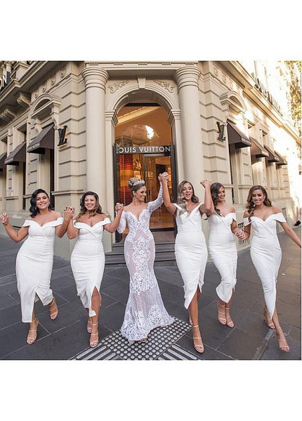 Shop Tea Length Spandex Off-the-shoulder White Sheath/Column Hi-lo Bridesmaid Dress