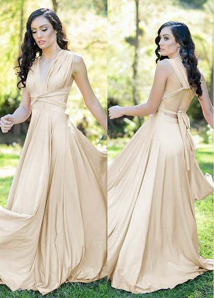 Shop Cheap Champagne Long Spandex V-neck Backless A-line Bridesmaid Dress 2020