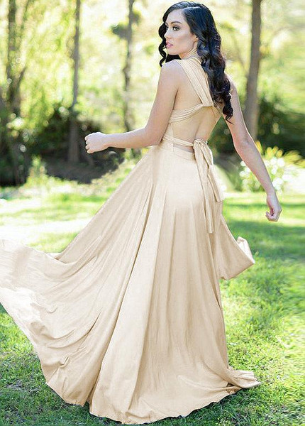 Shop Cheap Champagne Long Spandex V-neck Backless A-line Bridesmaid Dress 2020