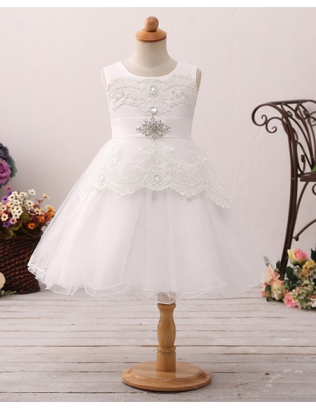 Vintage  Crystal Short Tulle Lace Flower Girl Dress