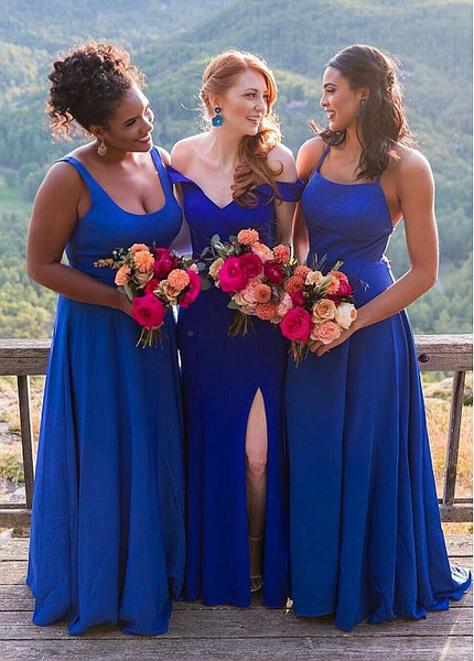 Shop Cheap Satin Scoop Long Sexy  Blue Floor-length A-line Bridesmaid Dress Under 100