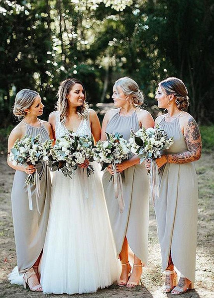 Shop Cheap Gray Chiffon Halter Short Sheath/Column Bridesmaid Dress under 100