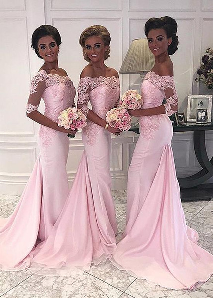 Shop Cheap Chiffon Off-the-shoulder Pink Half Sleeves Mermaid Bridesmaid Dress under 100