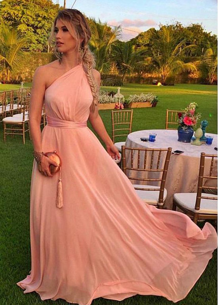 Shop Cheap Chiffon One Shoulder Pink Long A-line Bridesmaid Dress Under 100