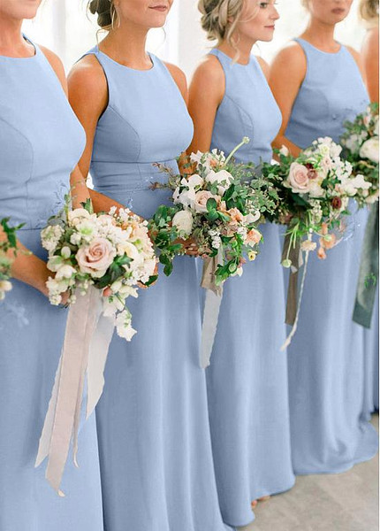 Shop Cheap Chiffon Jewel Blue Floor-length Sheath/Column Bridesmaid Dress under 100