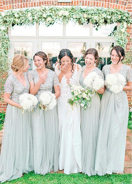 Shop Simple Tulle V-neck Short Sleeves Mint A-line Bridesmaid Dress With Beadings from ANNAKOO