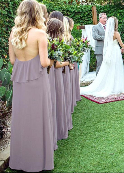 Shop Backless Gray Lightsome Chiffon Halter  A-line Bridesmaid Dresses under 100