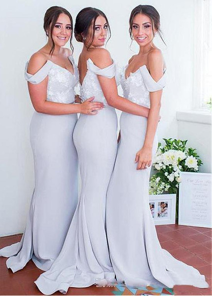 Shop Cheap Acetate Satin Off-the-shoulder Gray Mermaid Bridesmaid Dresses With Beaded 3D Flowers From Annakoo