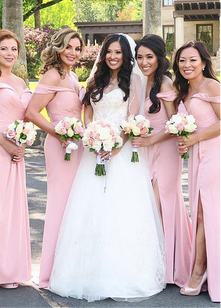 Shop Cheap Chiffon Off-the-shoulder Slit Pink Sheath/Column Bridesmaid Dress under 100