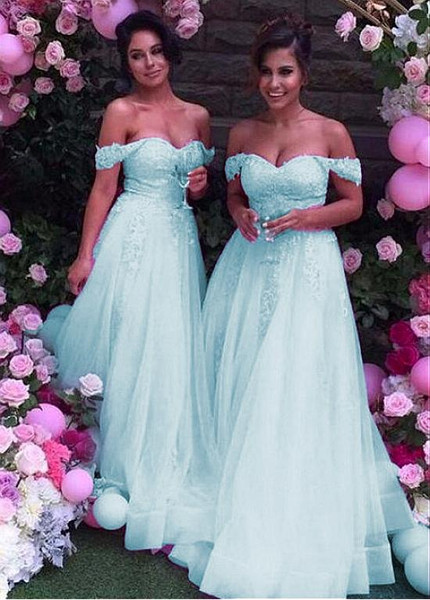 Shop Cheap Tulle Off-the-shoulder Mint Appliques Floor-length A-line Bridesmaid Dress from Annakoo