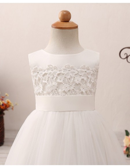 Layered Lace Trim White Flower Girl Dress