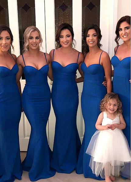 Shop Cheap Satin Spaghetti Straps Blue Floor-length Mermaid Bridesmaid Dress under 100