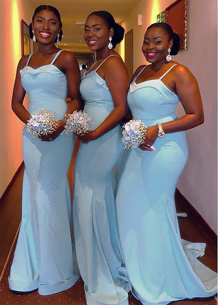 Shop Cheap Satin Spaghetti Straps Sky Blue Floor-length Mermaid Bridesmaid Dress under 100