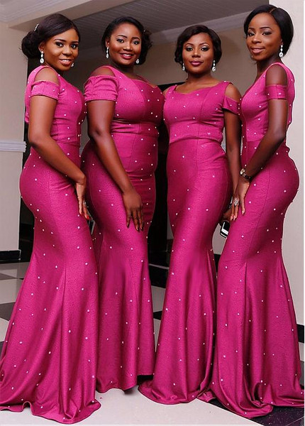 Shop Cheap Satin Scoop Fuchsia Short Sleeves Mermaid Bridesmaid Dresses With Beadings Under 130