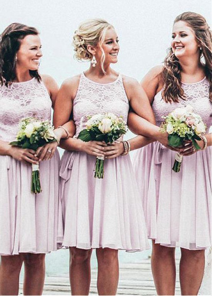 Shop Beach Chiffon Jewel Blush Knee-length A-line Bridesmaid Dress With Belt under 100