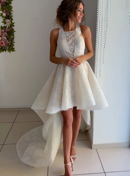 Shop Sexy 2020 A-Line Hi Lo Lace Ivory Color Backless Short Wedding Dress From Annakoo