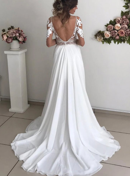 Sexy Slit Long Sleeve Backless A-Line White Chiffon Appliques Wedding Dress under 200