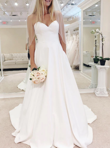 Shop Cheap Simple Sweetheart A-Line White Satin Wedding Dress With Pocket under 100