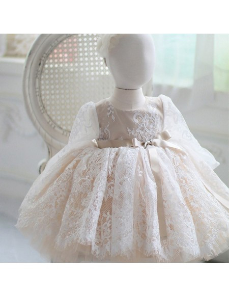  Long Sleeves Tutu Ivory Vintage Lace Flower Girl Dress
