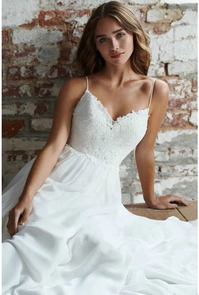 Shop Sexy Boho Spaghetti Strap A Line Chiffon Long Backless Beach Appliques Lace Top Bride Wedding Dress under 100