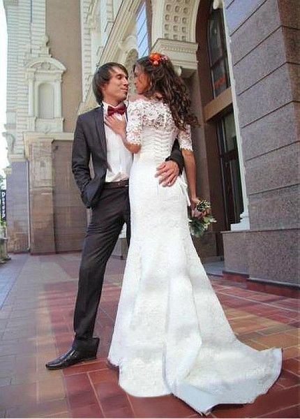 Shop Romantic  Half Sleeves Off The Shoulder Lace Boho Mermaid Wedding Dress Under 200